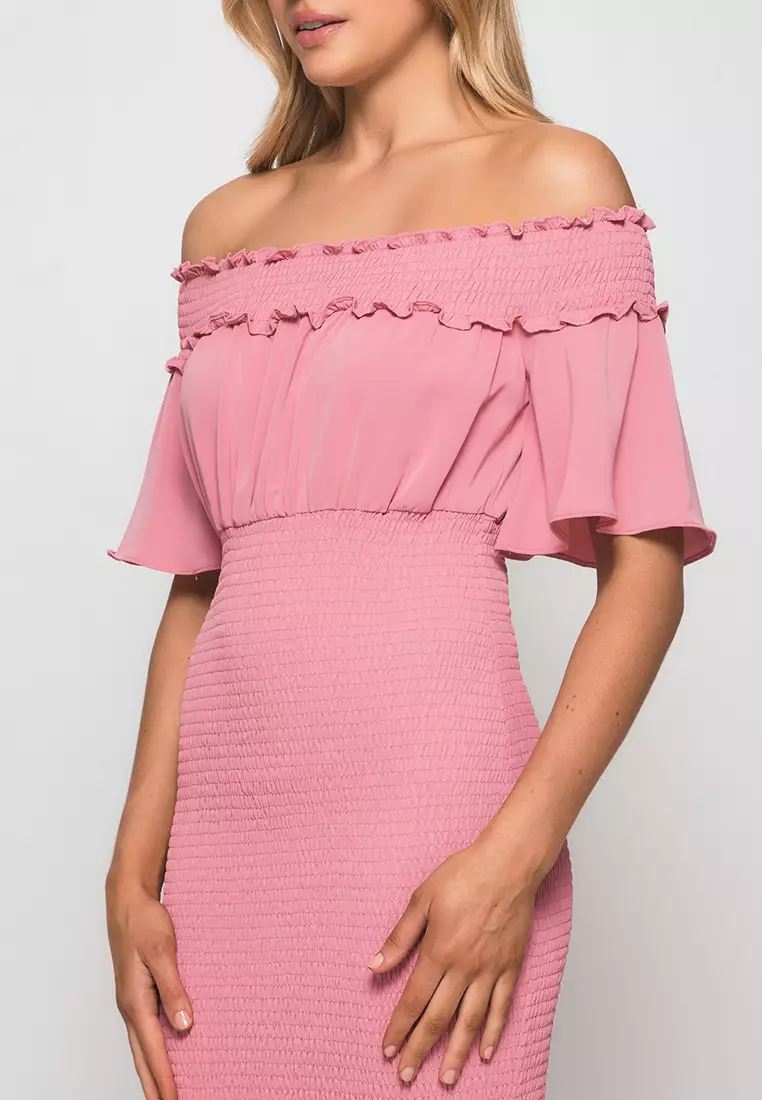 Off The Shoulder Shirred Midi Dress