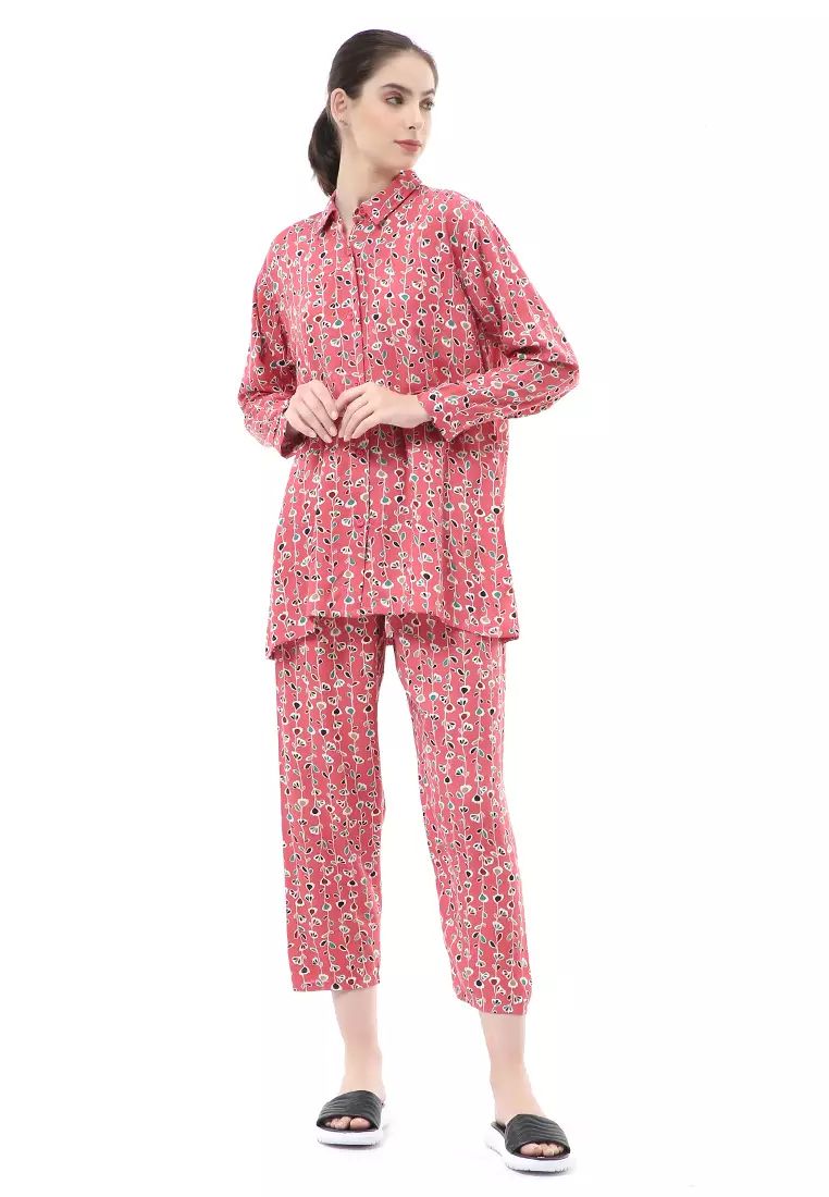 Nayra One Set Setelan Kemeja Wanita Lengan Panjang Motif Tulip Full Kancing Material Rayon ORIGINAL - Pink