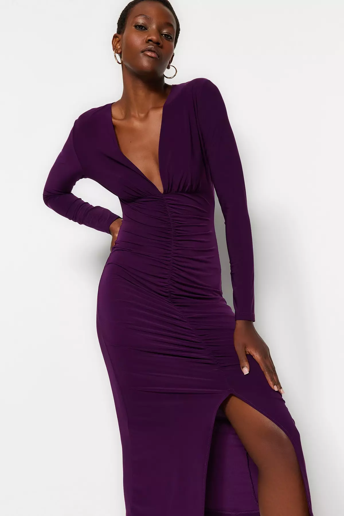 Plum Draped V Neck Fitted Flexible Midi Knitted Dress