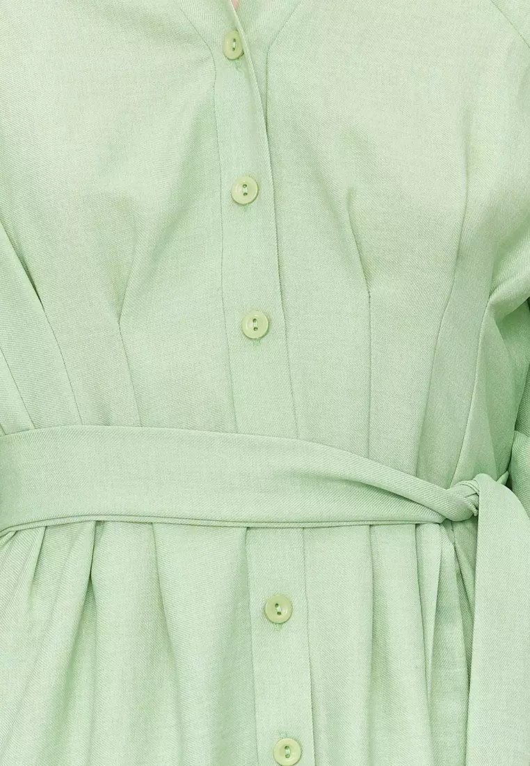 Belted Half Balloon Sleeve Linen Shirt Dress