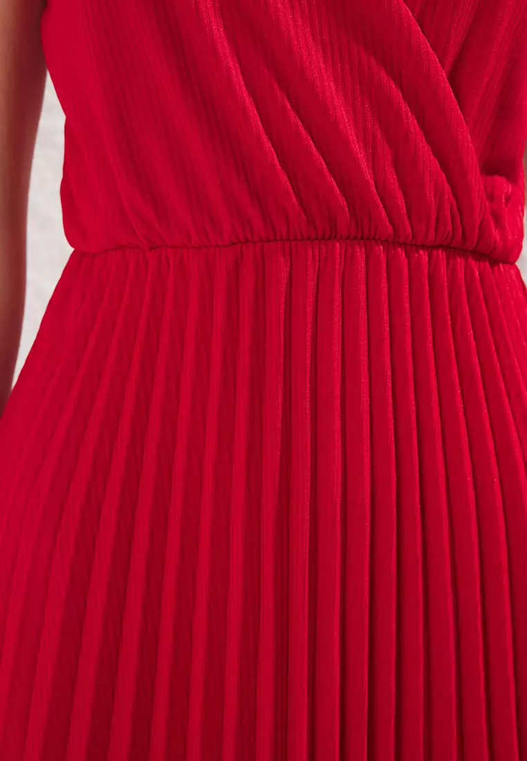 Red Waist Opening Midi Double Breasted Pleated Adjustable Strapped Knit Dress Twoss20El2729