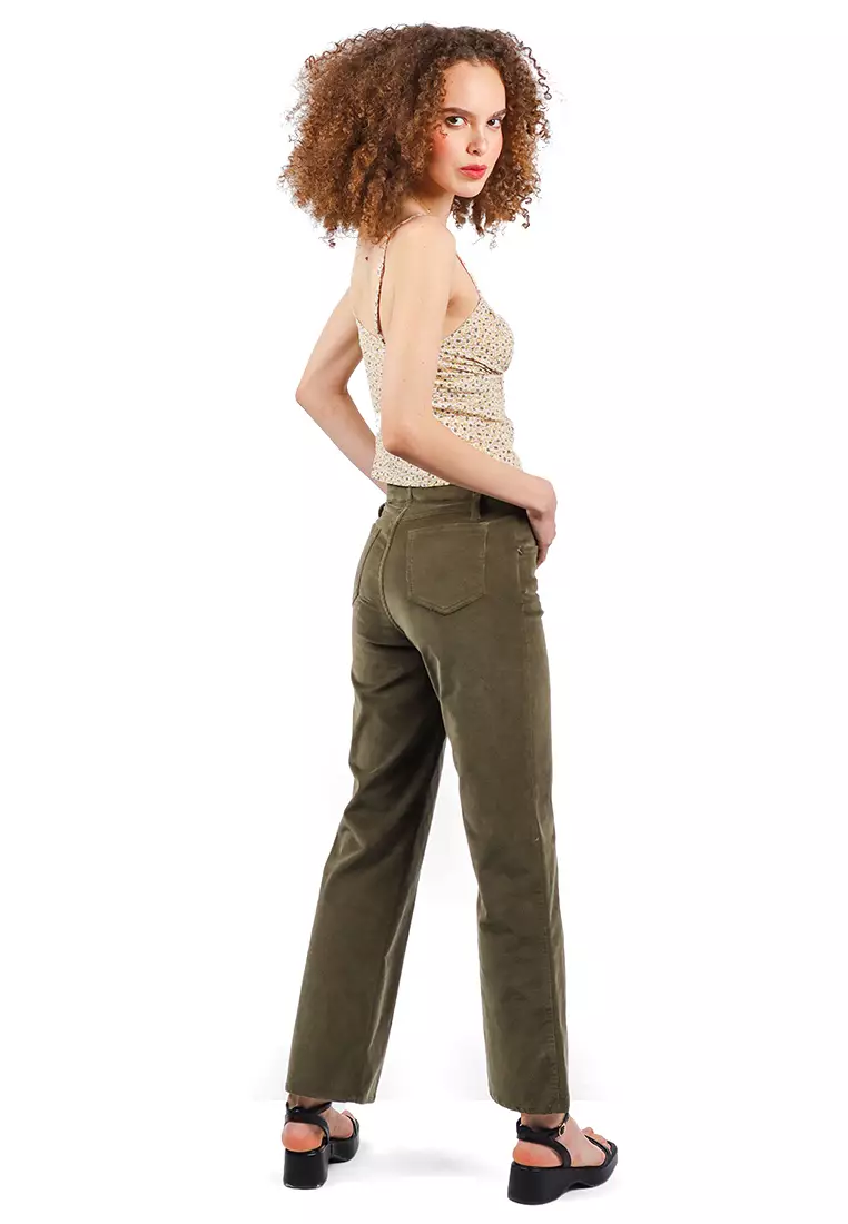 Corduroy Straight Leg Pants With Front Yoke And Raw Hem