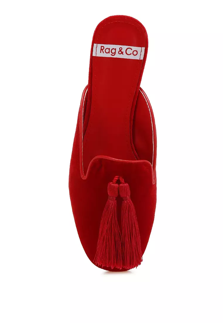 Tassel Detail Velvet Mules in Red