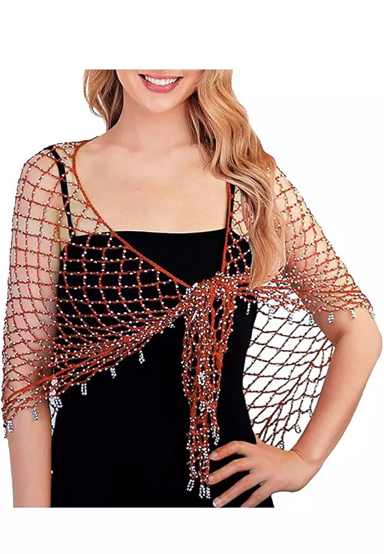 Aksesoris Wanita Beaded Triangle Scarf Segitiga Syal Wanita Saffron & Silver