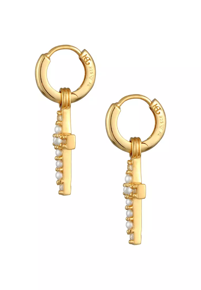 EXCLUSIVE Anting Perhiasan Perak 925 Wanita Pearl Cross Gold Hoop Gold Plated