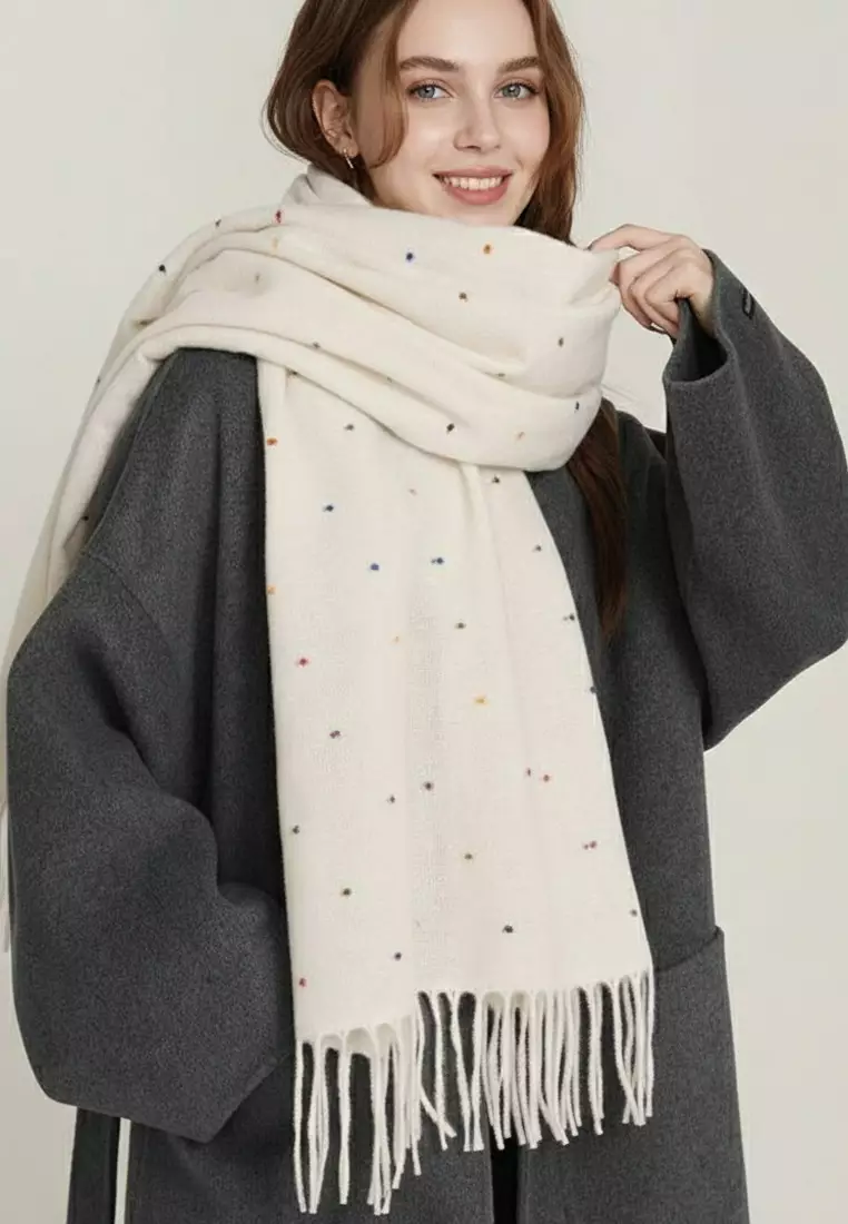 Aksesoris Wanita Polka Dots Cashmere Pashmina Syal Wanita Tebal Kasmir Milky White