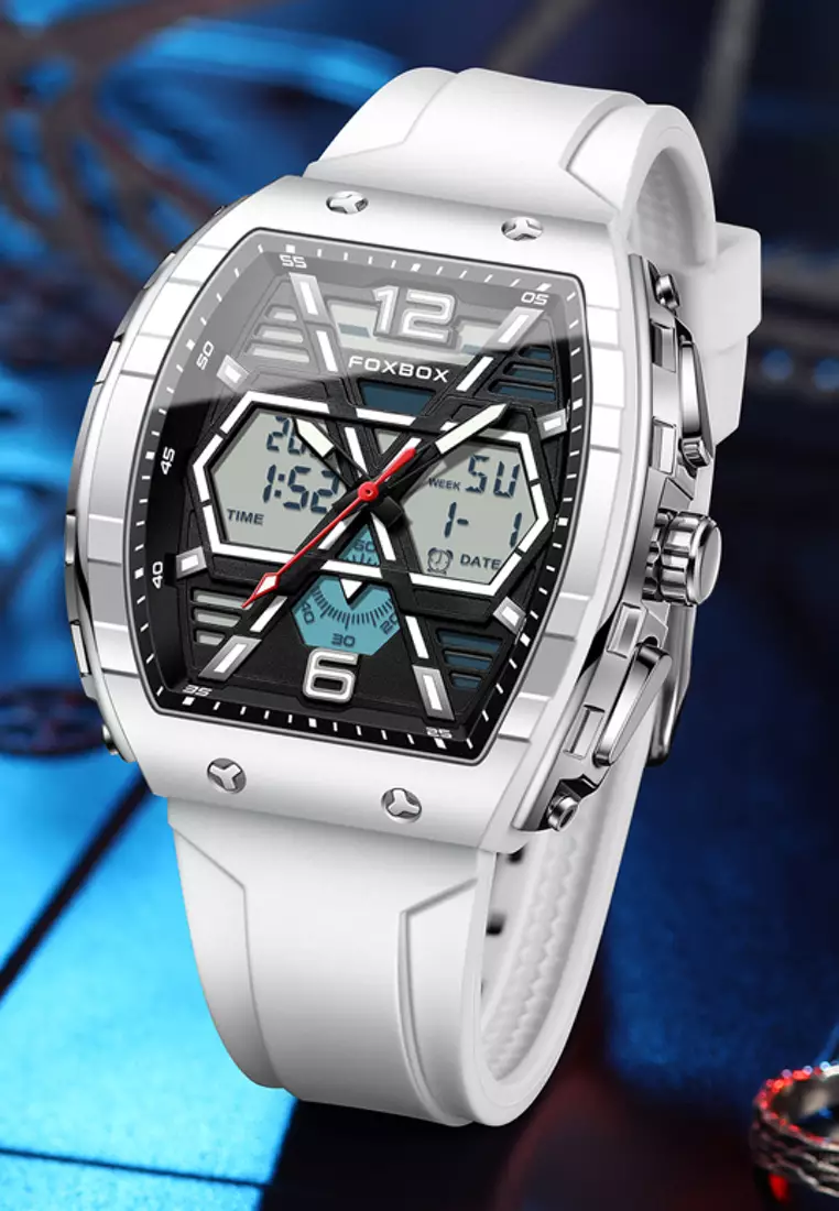 FOXBOX Chronograph Unisex Silver Color Metal Alloy Quartz Watch, 50x48mm, Black Dial, White Rubber Strap