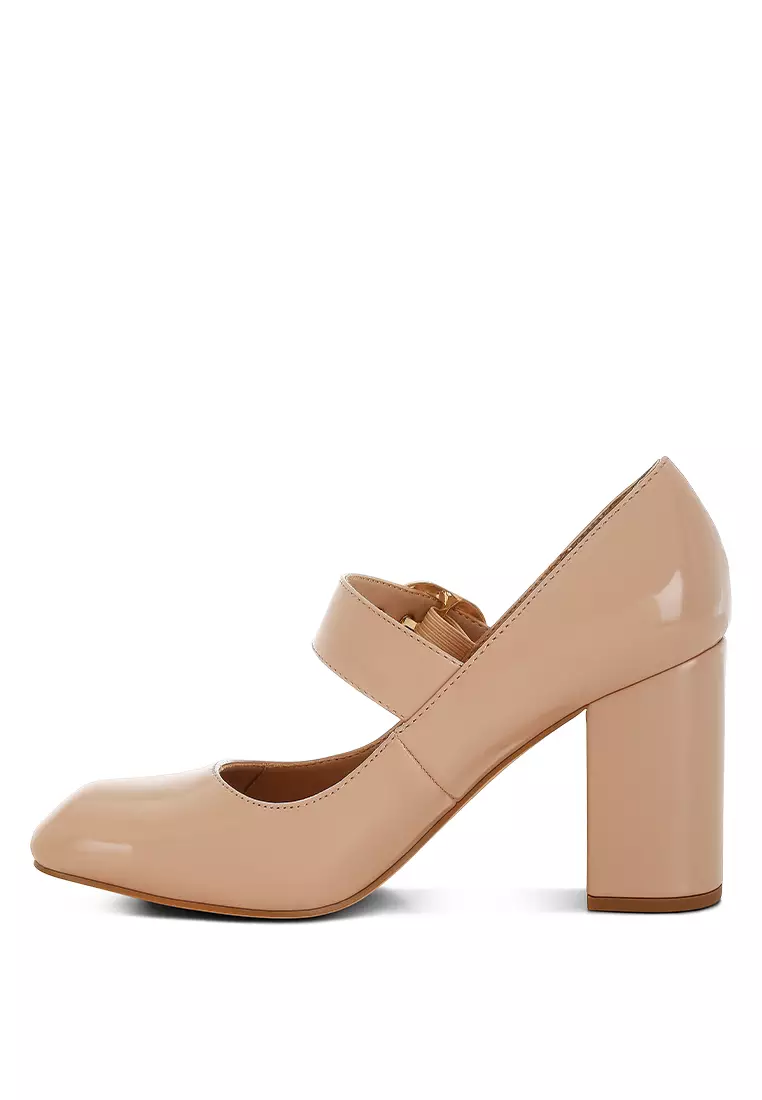 Sandal Mary Jane Hak Blok Warna Beige