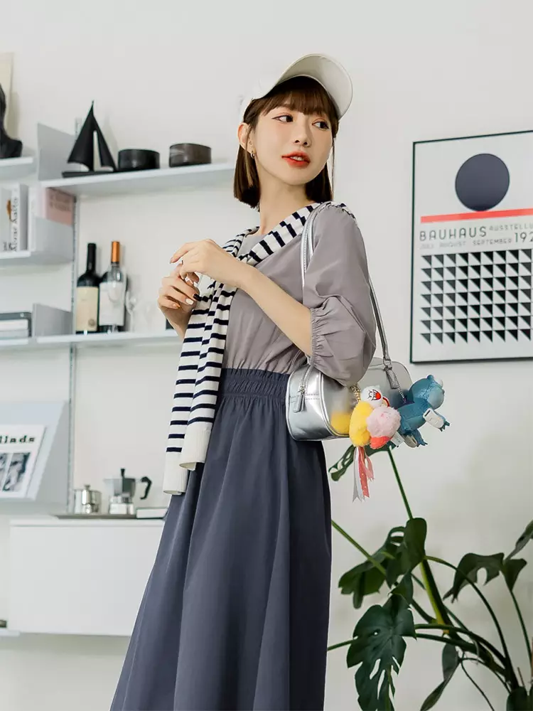 Color-blocking cinched waist A-line long dress [DA10170]