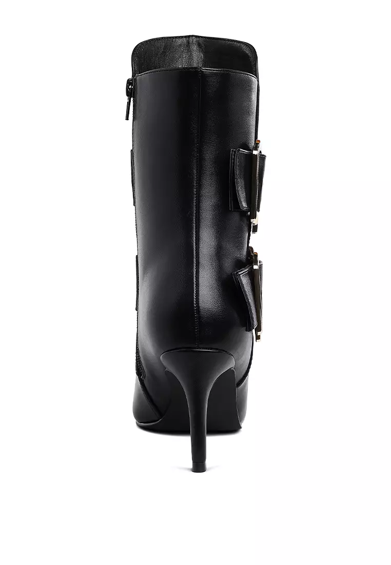 Chunky Buckle Strap Ankle Boots in Black