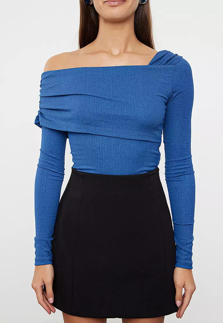 Asymmetrical Collar Detail Knitted Bodysuit