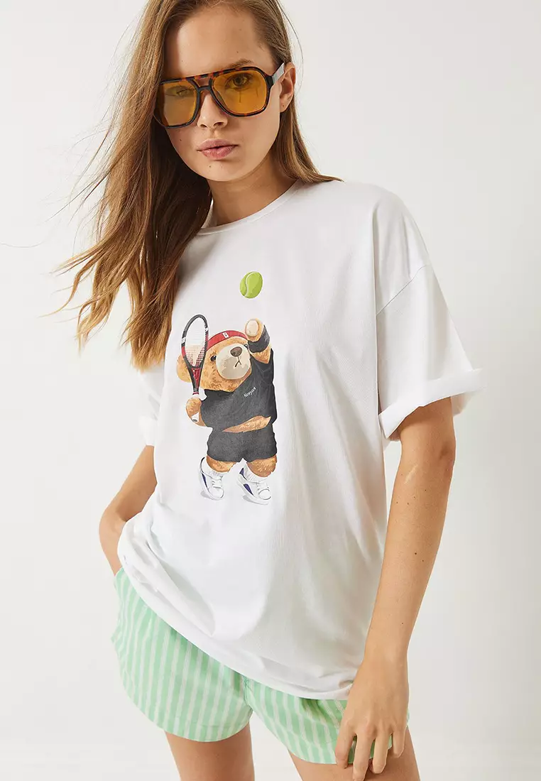 Women's Tennis Teddy Printed Oversize T-Shirt 6005 60283084