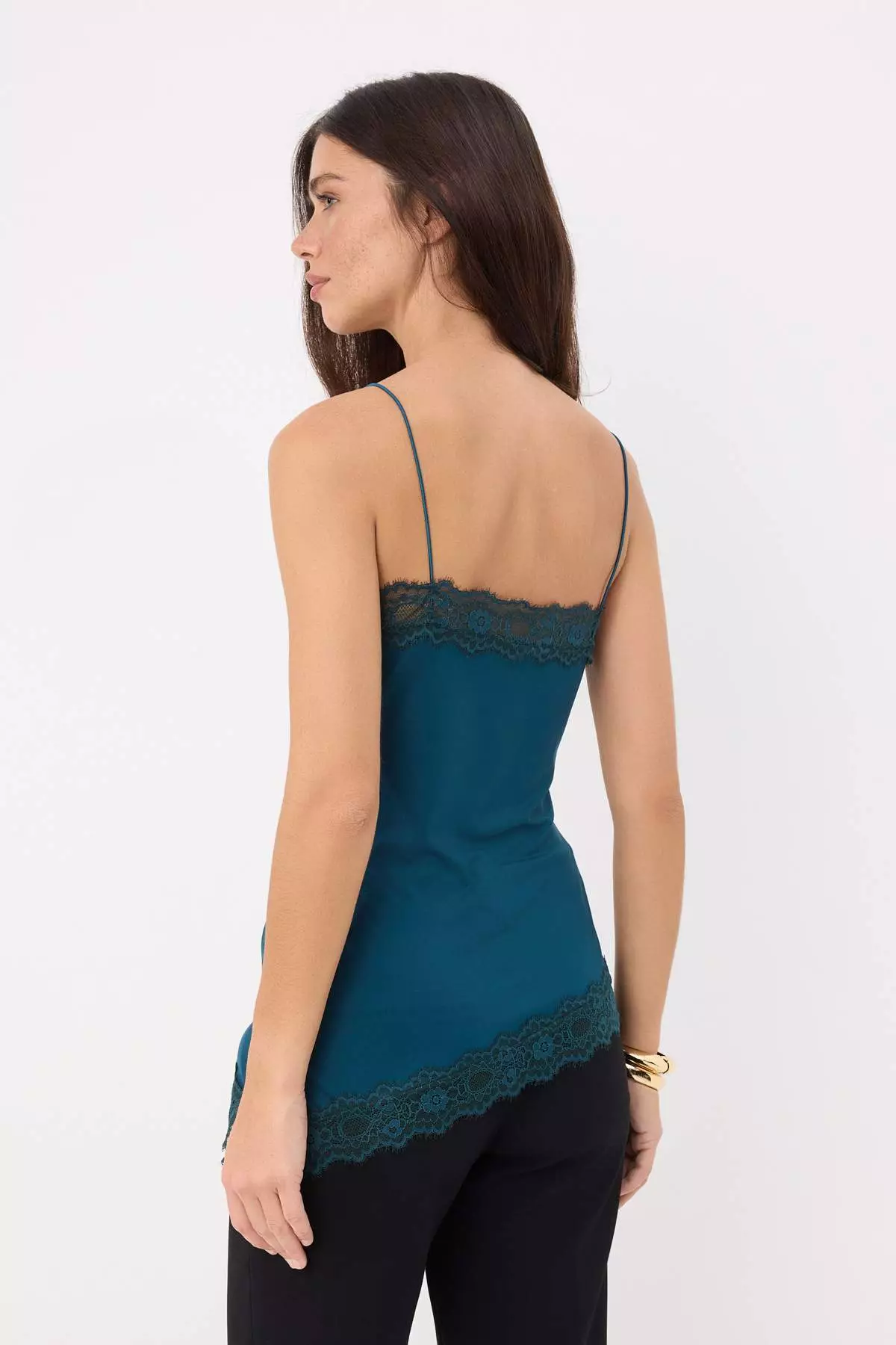 Petrol Regular/Normal Molded V-Neck Sleeveless Lace Detailed Crepe Knitted Blouse Twoss26Bz00825