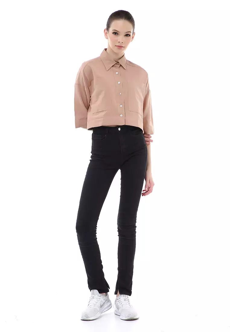 Brielle Atasan Wanita Kemeja Crop Oversize Shirt Lengan Panjang Material Linen ORIGINAL - Caramel