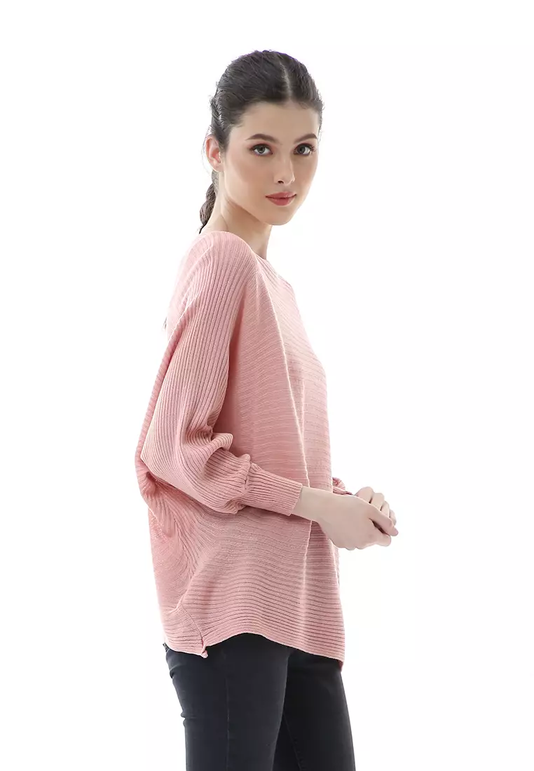 Eveline Sweater Rajut Batwing Atasan Wanita Motif Polos High Quality - Dusty Pink