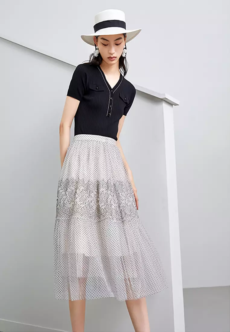 Buy Hopeshow Polka Dot High Waist Tiered Midi Skirt Online