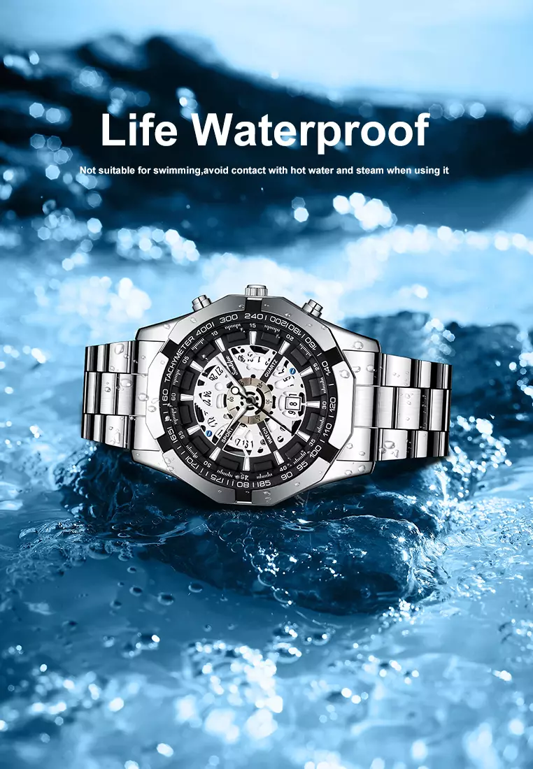 Jam Tangan Pria Original Calendar Luxury Bisnis Tali Stainless Steel Jam Tangan Cowok 9096 silverblack