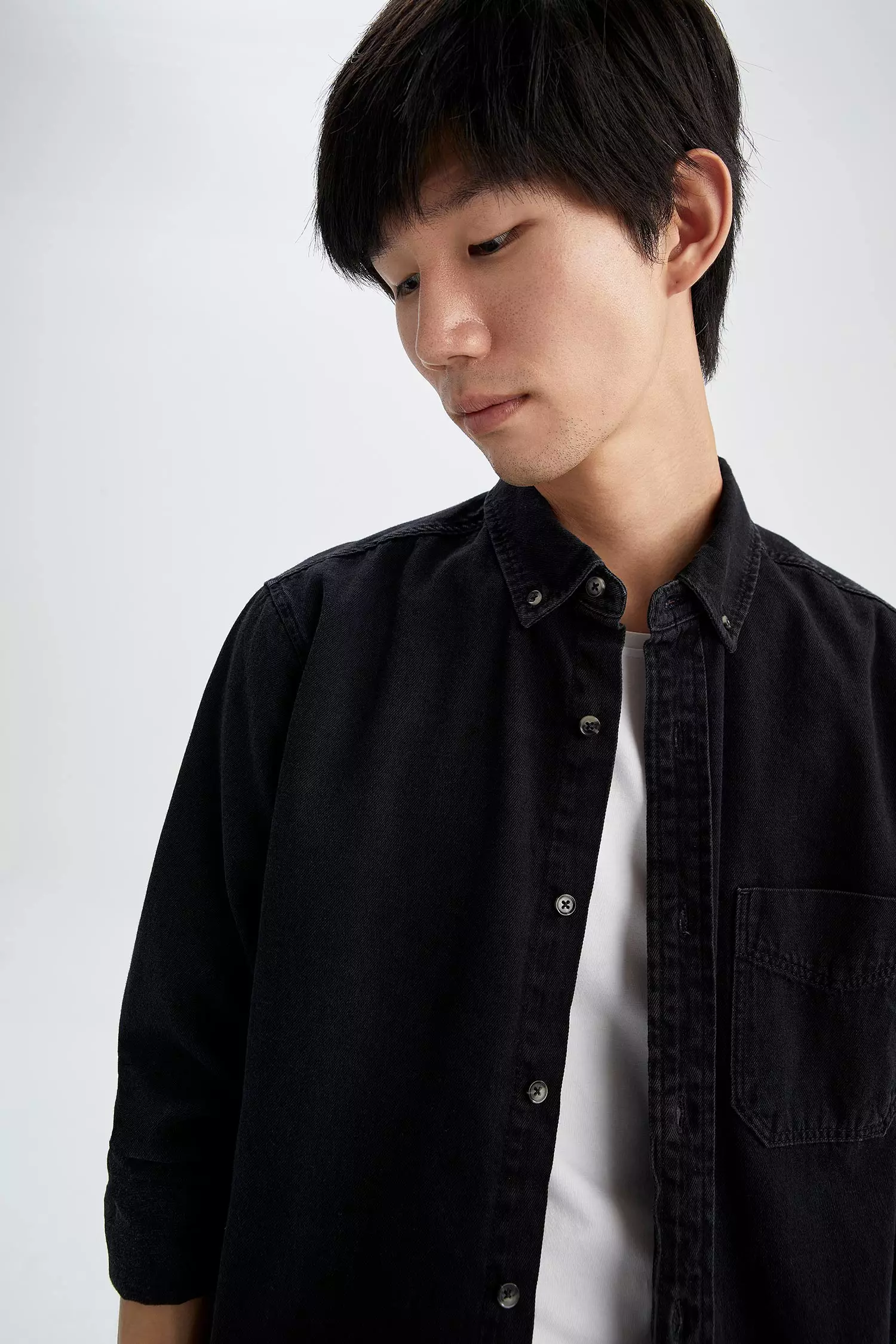 Mens black denim button up shirt outlet