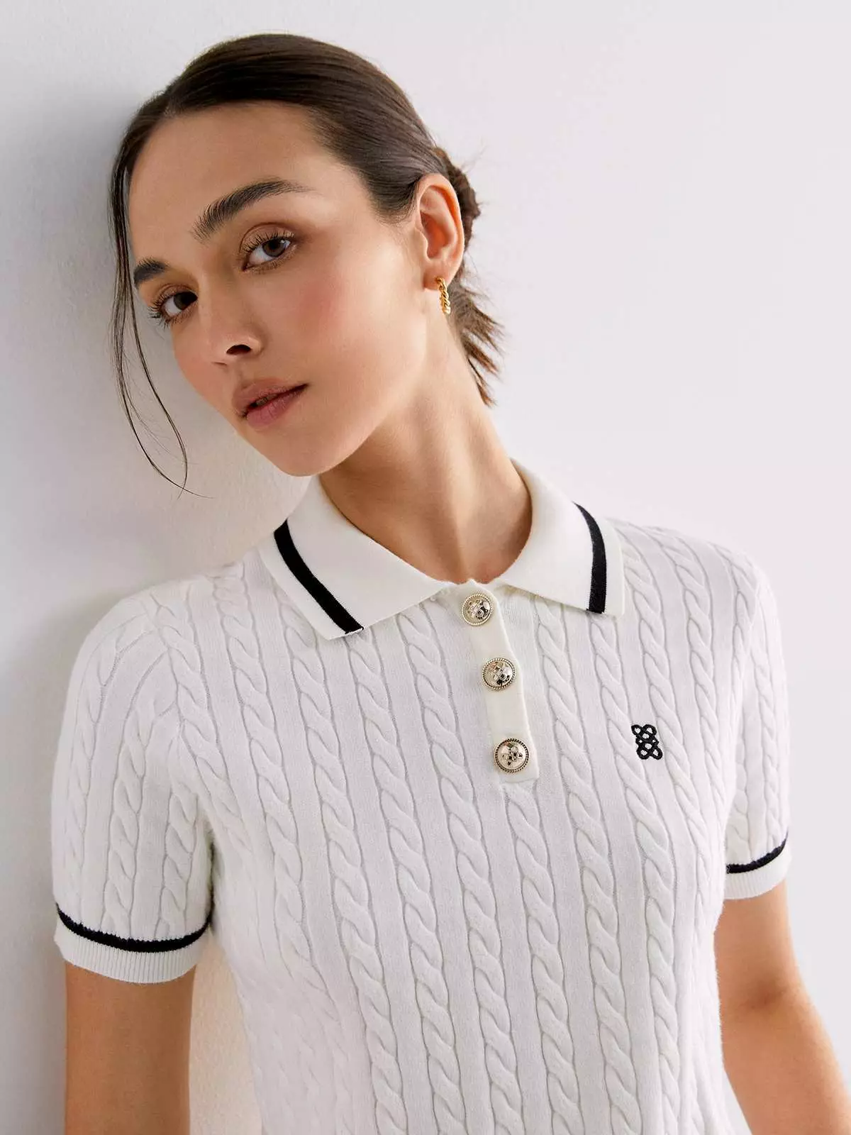 Cable Knitted Polo Top with Silver Hardware Detail - White
