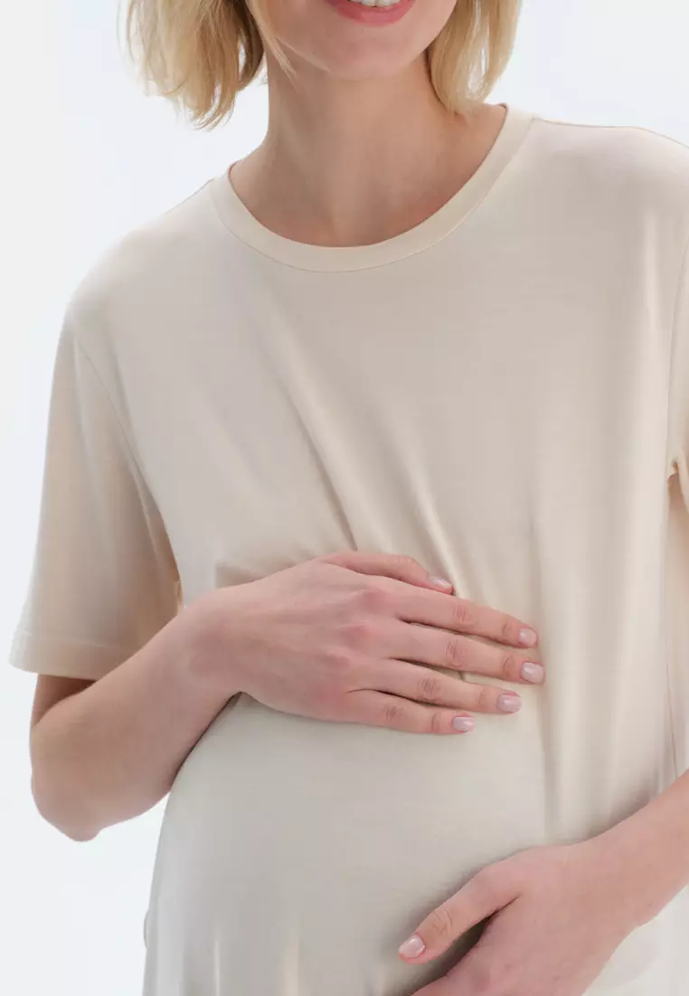 Ecru T-Shirt, Crew Neck, Regular, Short Sleeve Loungewear for Women