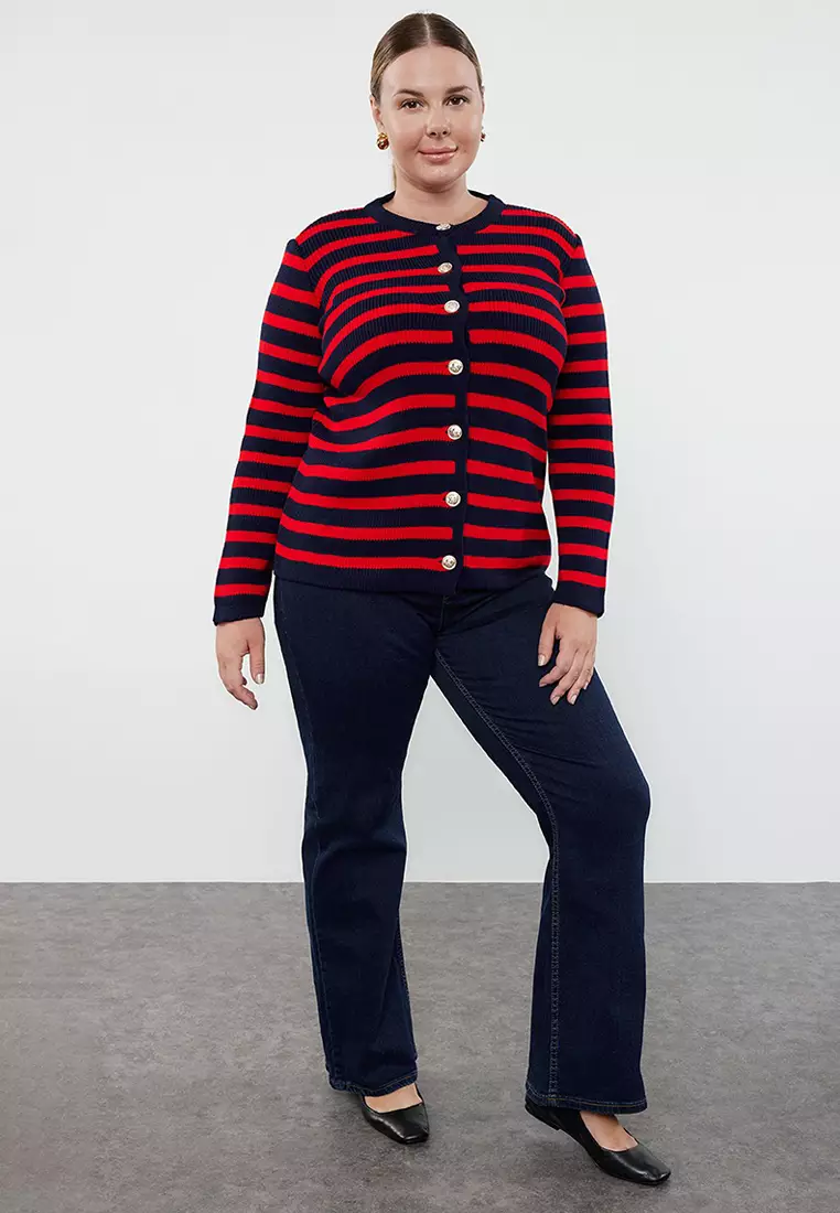 Navy Blue-Red Striped Jacket-Look Knitwear Cardigan Tbbaw24Av00011