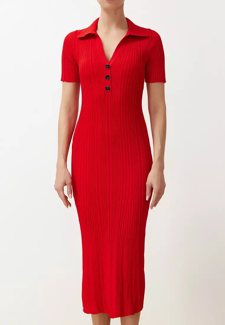 Red Plain Maxi Maxi Knitwear Polo Neck Knitwear Dress TWOSS24EL00282