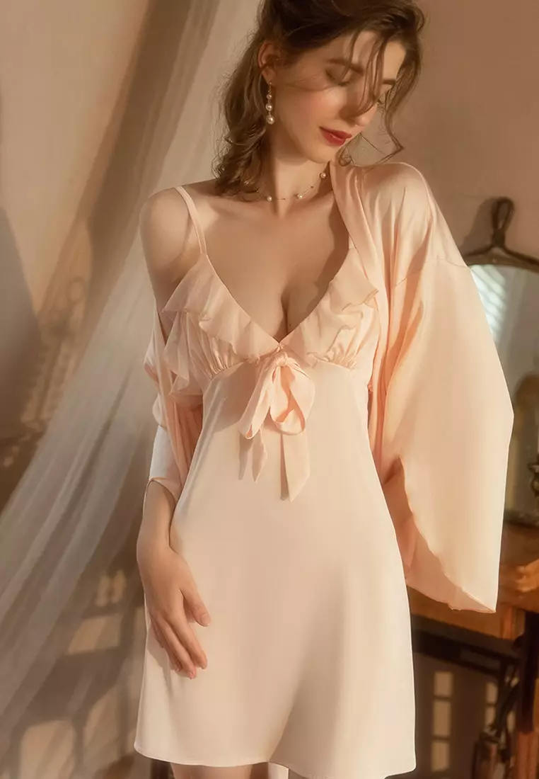 LDZ5059-2女士露背性感睡袍兩件套 粉紅色