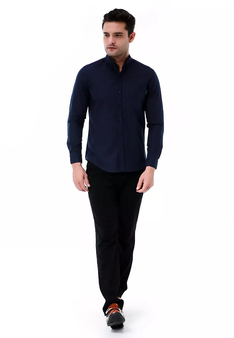 Leopold Kemeja Basic Pria Motif Polos Long Sleeve Material Cotton ORIGINAL - Navy