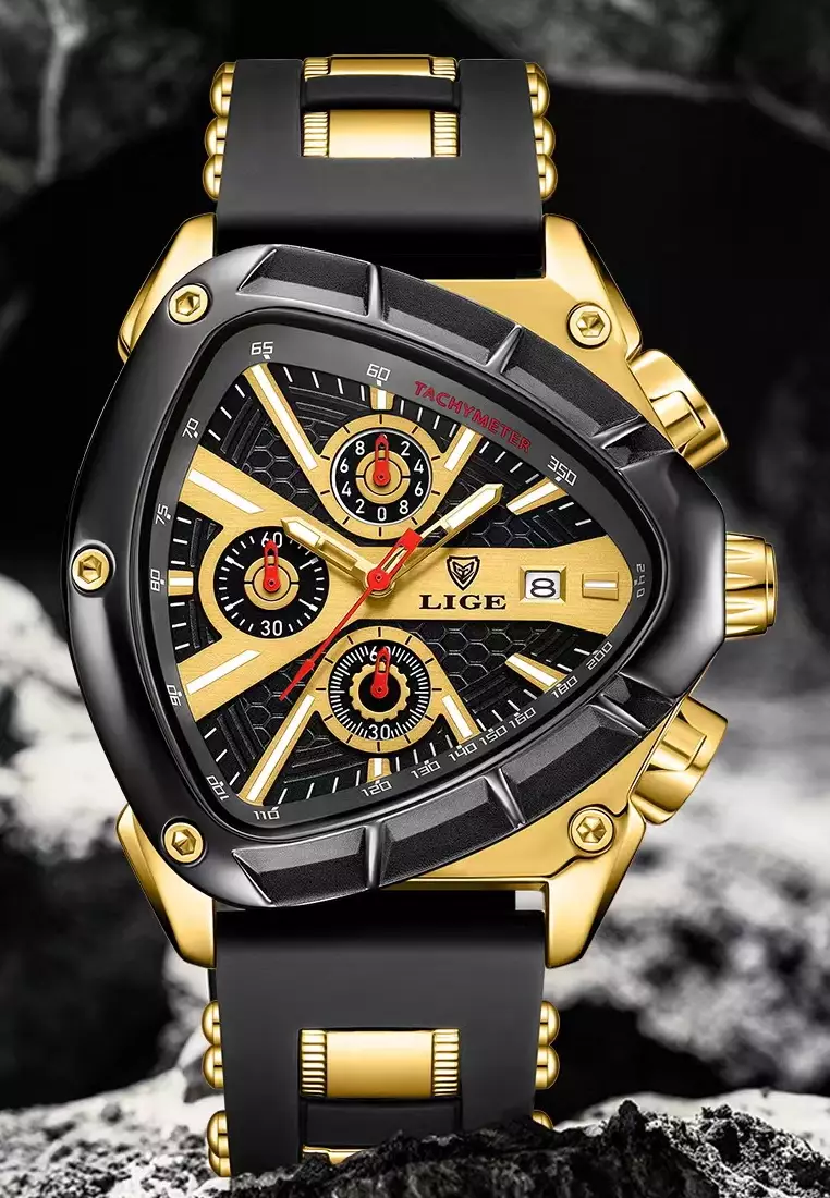 Unisex IP Gold & Black Stainless Steel Chronograph Quartz watch, 48mm diameter, with Rubber and Metal Strap