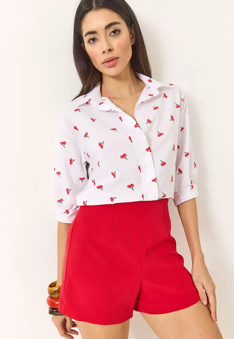 Women's Minimal Patterned Watermelon Sleeves Regular Shirt 1686 60284040