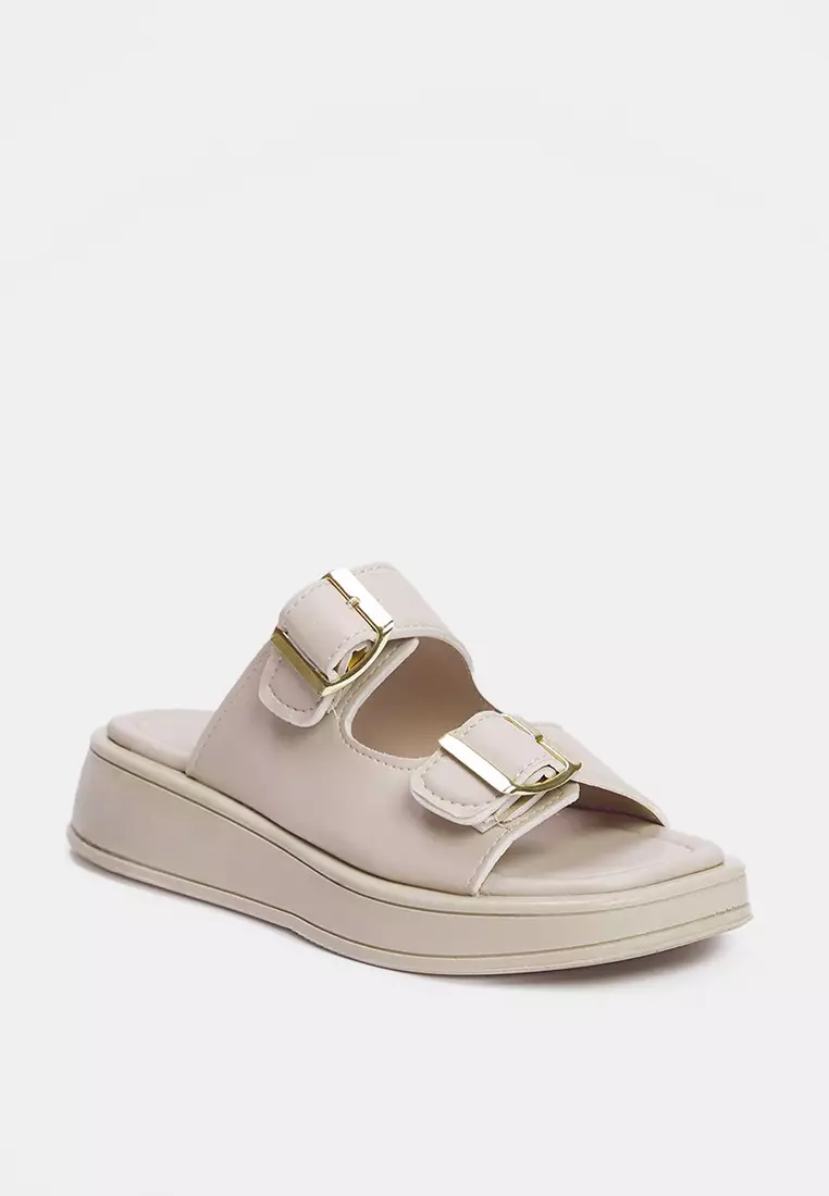Beige Double Banded Buckle Detailed Thick Sole Women's Slippers Takss25Te00044