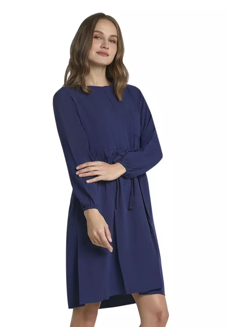 Leyna Mini Dress Wanita Long Sleeves Motif Solid Design Casual Regular Fit - Navy