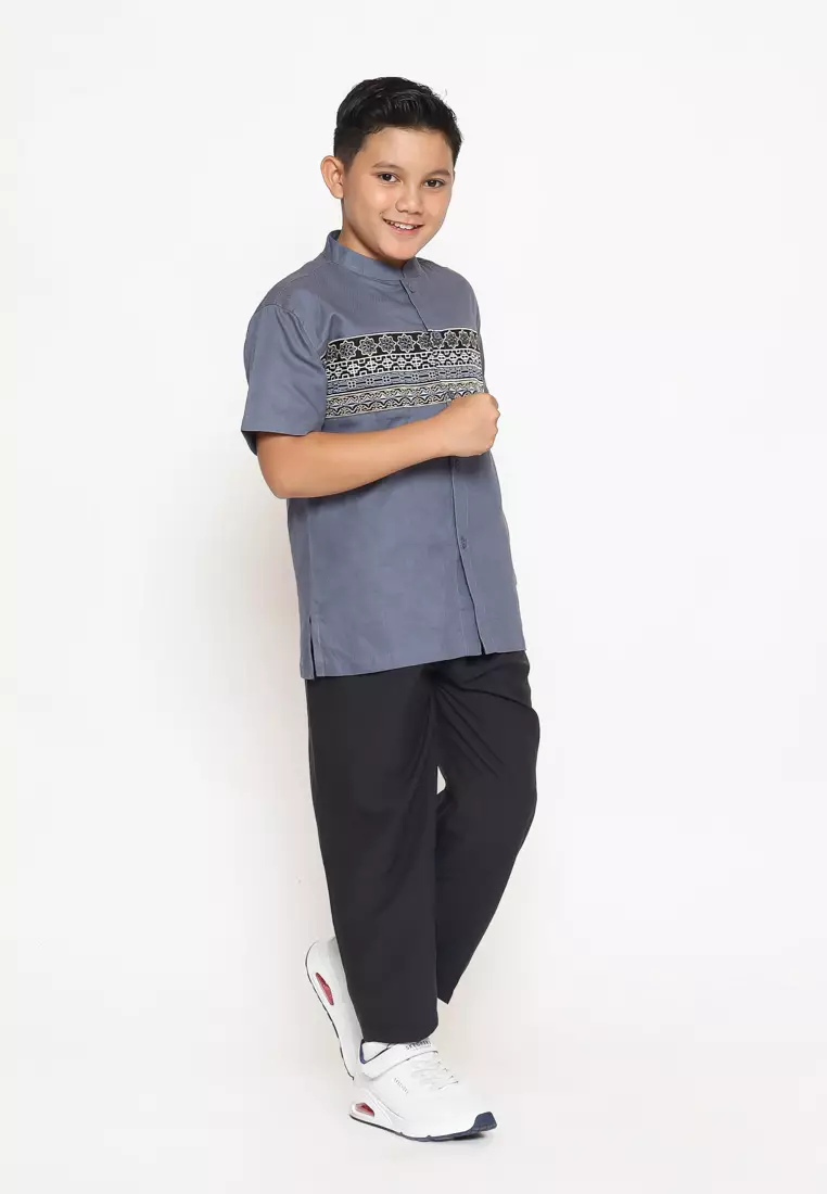 Baju Koko Set Anak Laki Bordir Stone Grey - GENUINE