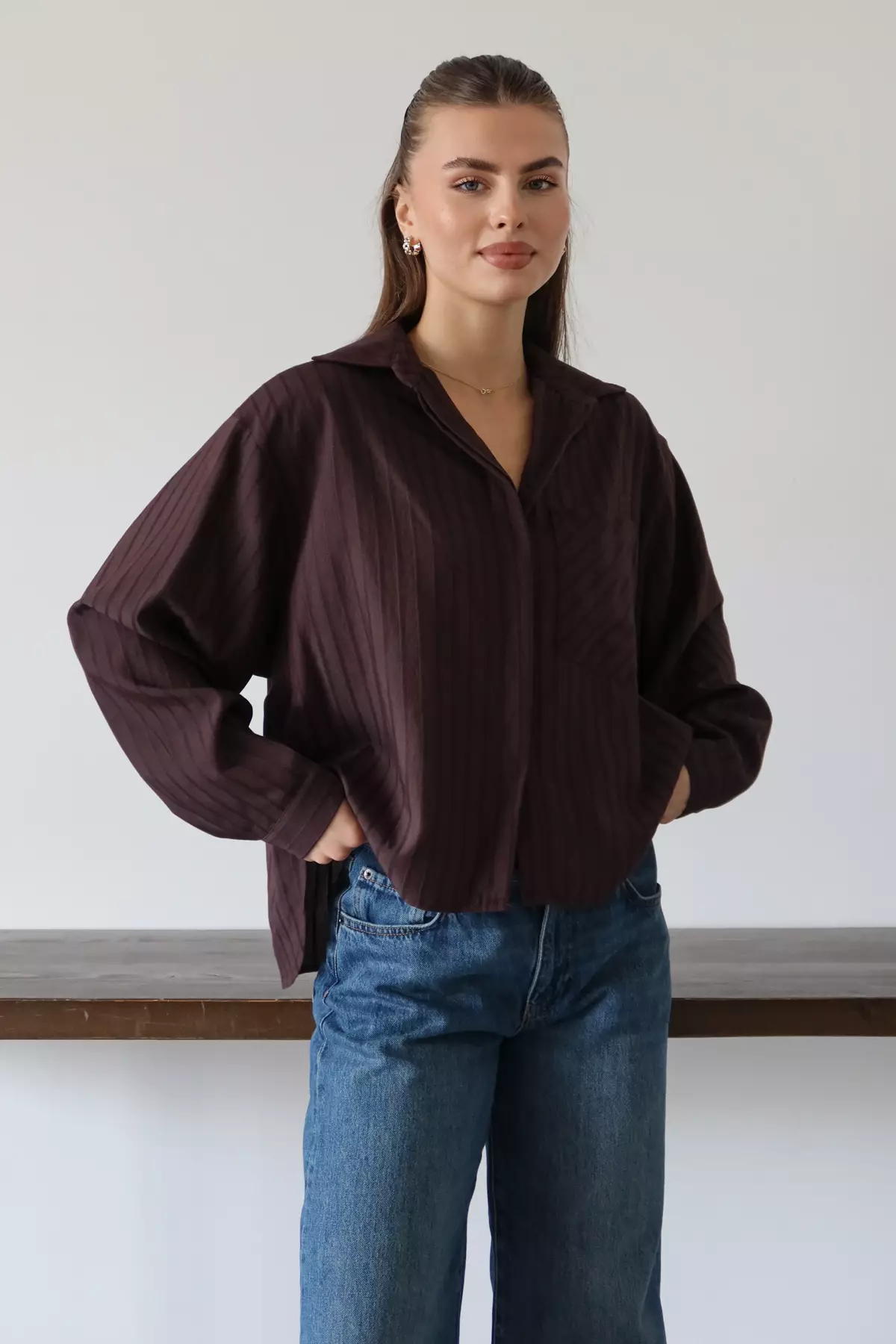 Brown Striped Oversized Woven Shirt Twoaw26Go138