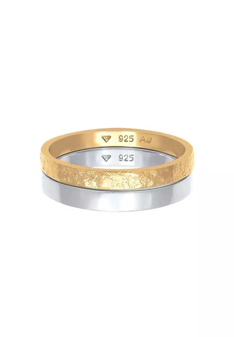 Cincin Perhiasan Perak 925 Wanita Set Basic Look Hammered Combinable Bicolor