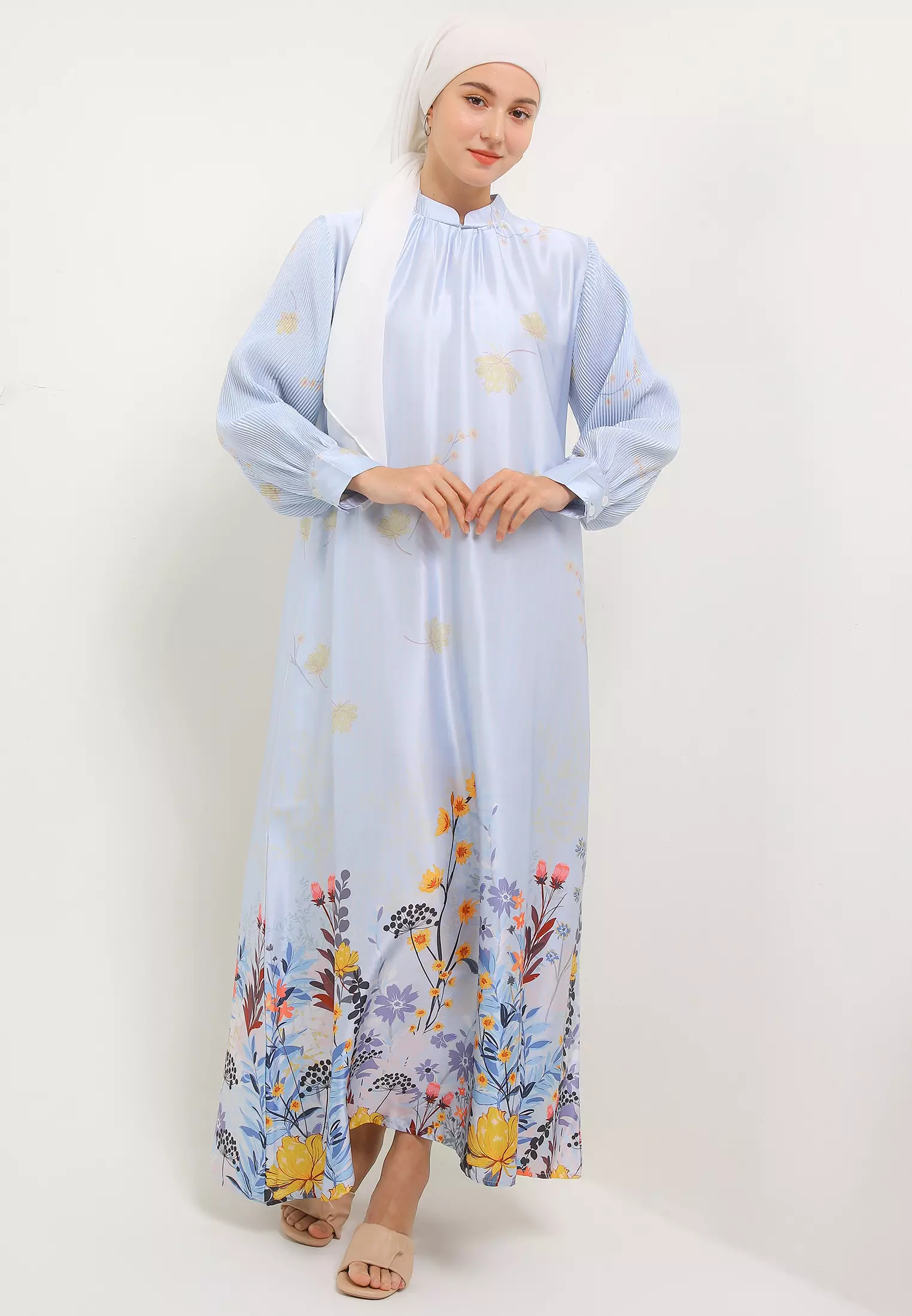 MFMW Madelyn Dress Gamis Satin Blue Motif Bunga