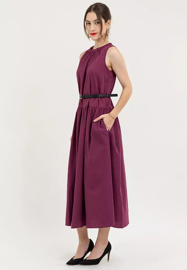 Cherino Shirred Neckline Belted Dress