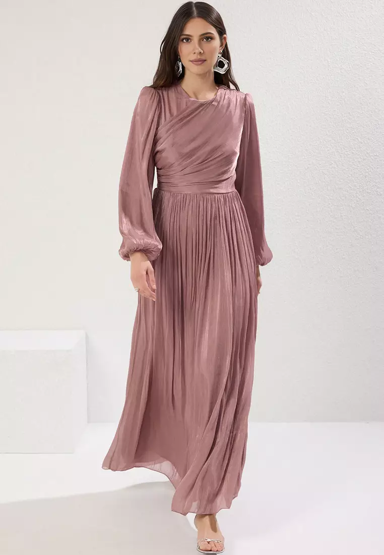 Powder Belt Detail Glittery Lined Chiffon Evening Dress TCTAW25DB00012