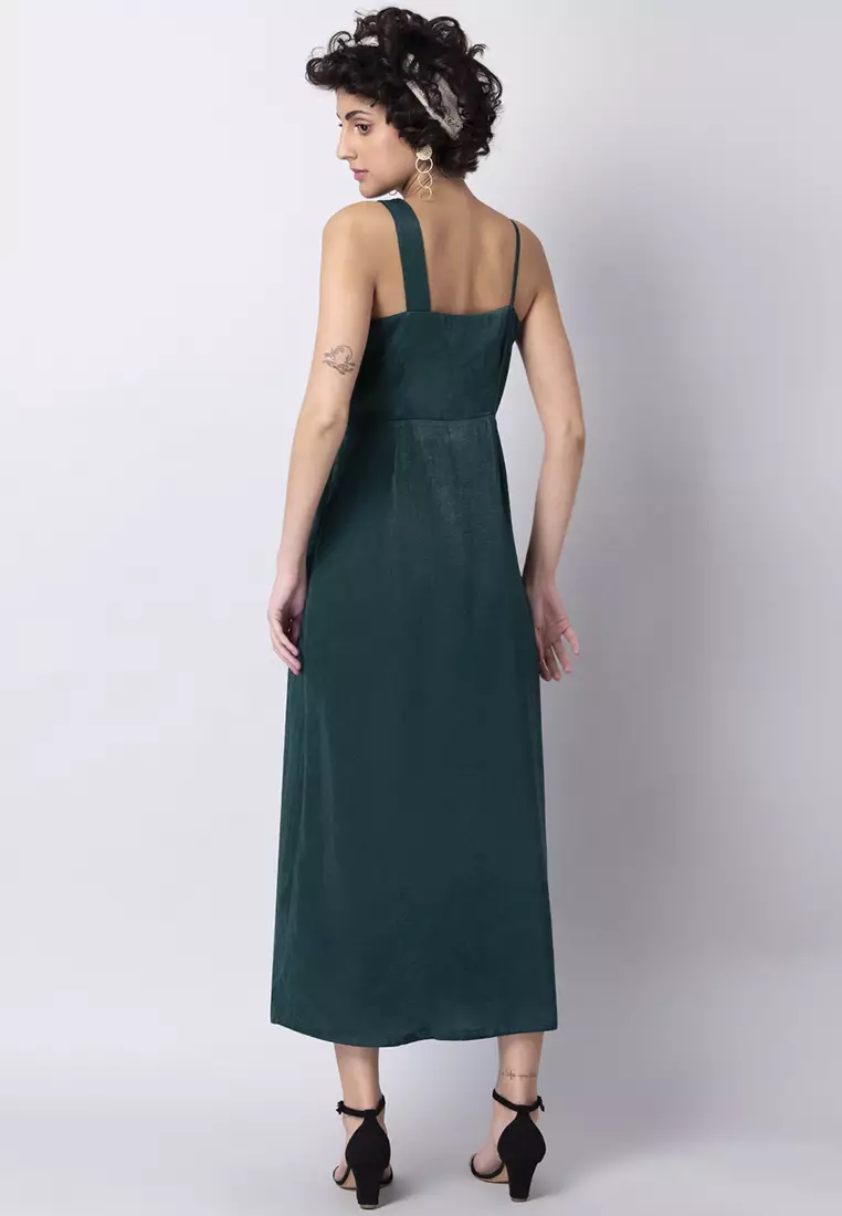 Bottle Green Satin Overlap Asymmetric  Midi Dress
