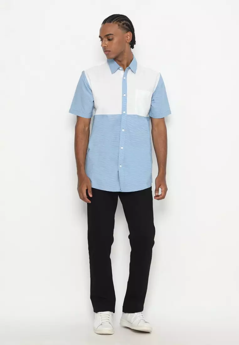 RBJ Kemeja Salur Kombi Putih Biru Regular Fit Pria