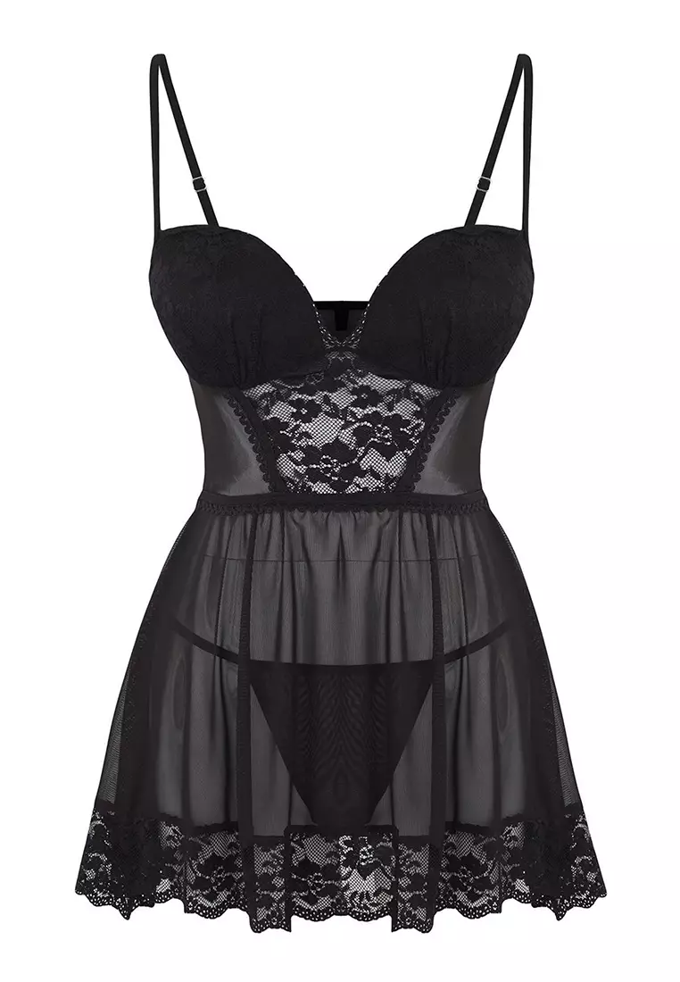 Black Lace And Stripe Detailed Tulle Covered Pantyhose Babydoll/Fantasy Nightgown Thmaw26Cy00002