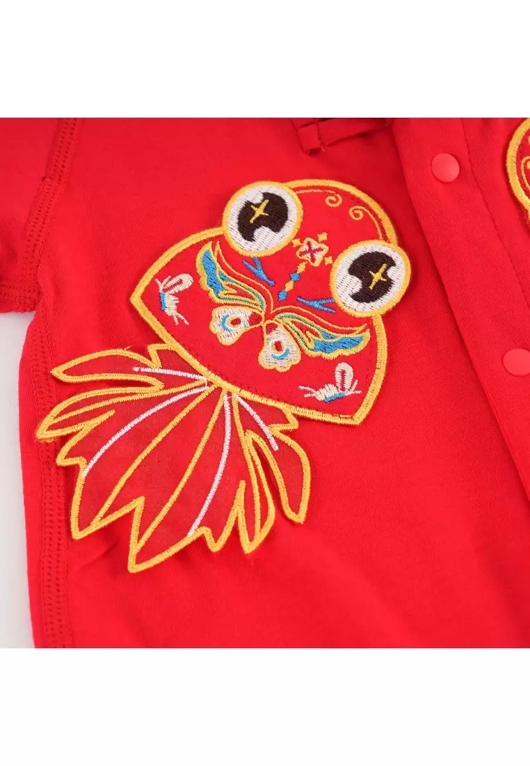 富貴和諧紅色家族裝配金魚圖案嬰兒男孩唐裝漢服爬服 0834