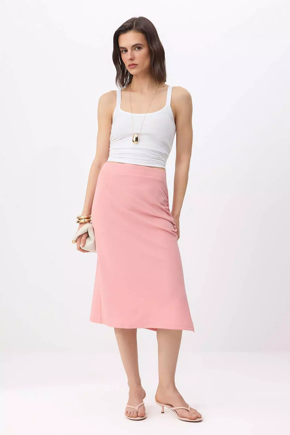 Pink Straight Pencil Slit Normal Waist Midi Scuba Crepe Knitted Skirt Twoss26Et15