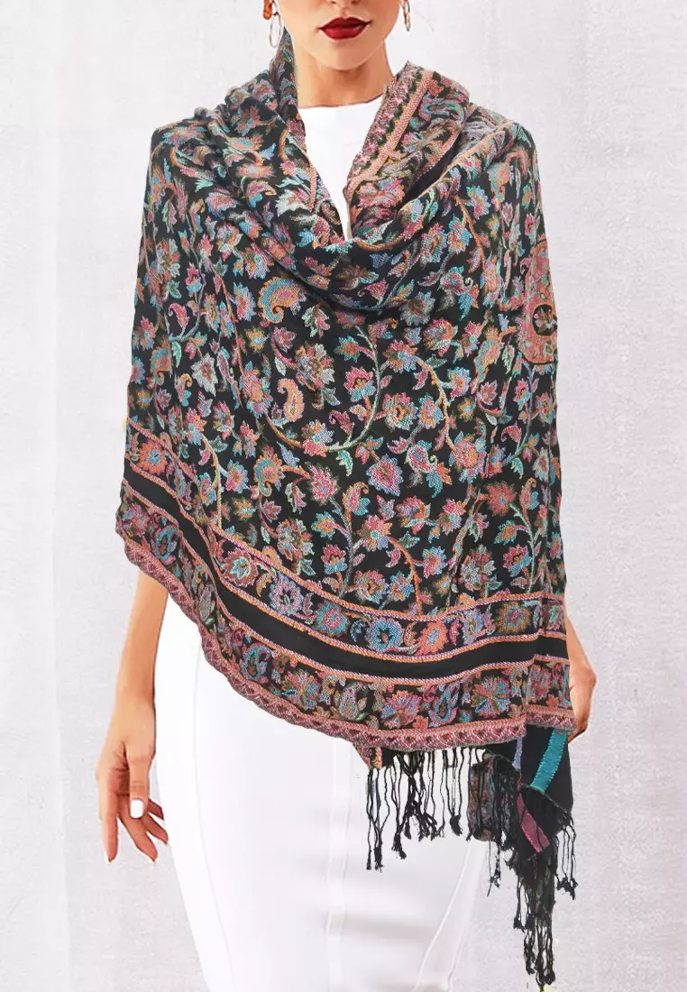Aksesoris Syal Hand Made Embroidered Floral Premium Shawl Viscose Pashmina Syal Wanita Black & Multi