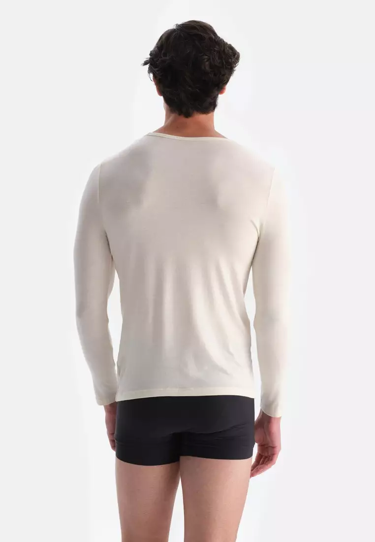 Ecru Basic Undershirt, Crew Neck, Regular Fit, Long Sleeve Underwear for Men