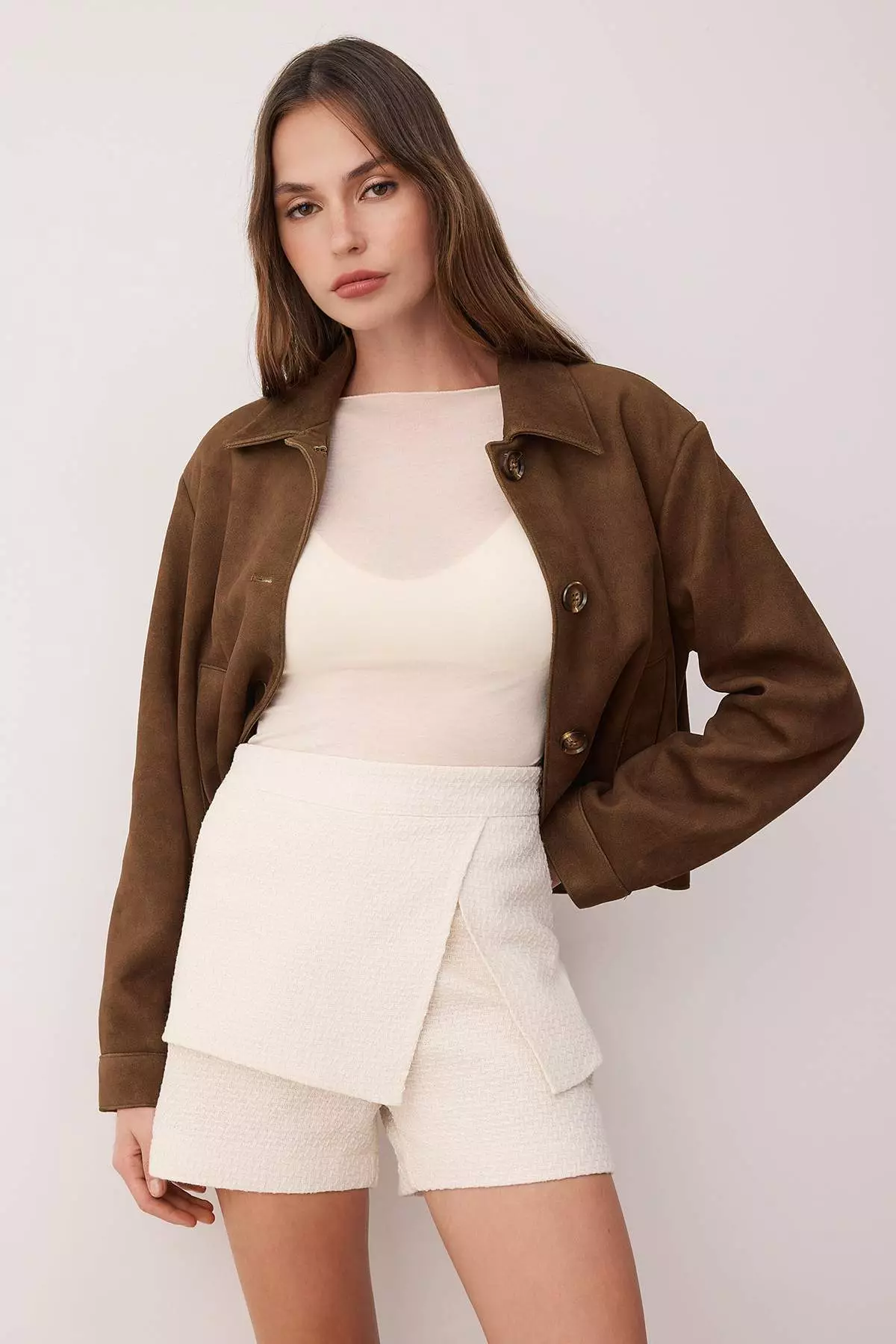 Stone Woven Tweed Skirt-Look Shorts