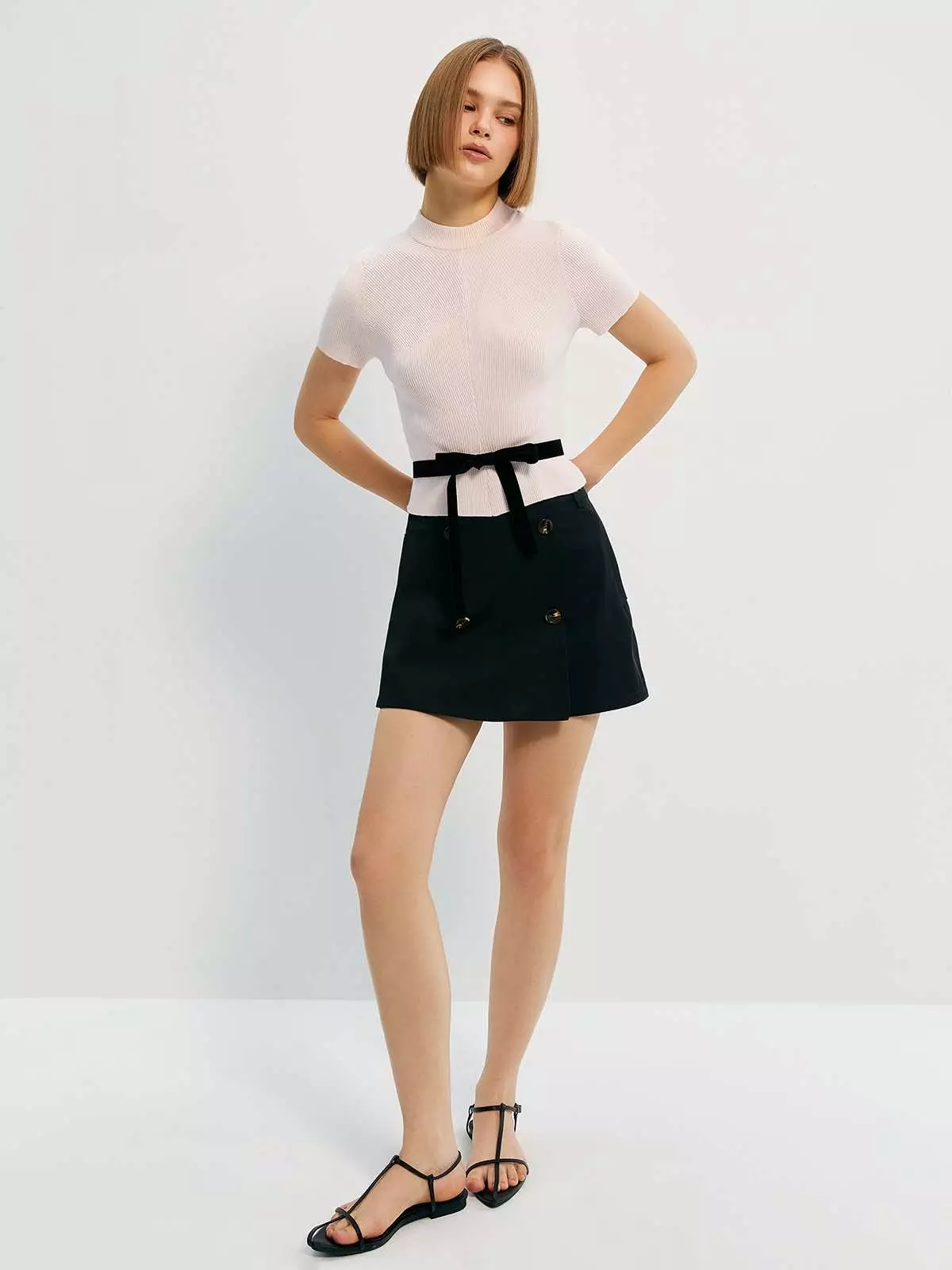 Mock Neck Knit Top with Ribbon Details - Light Pink