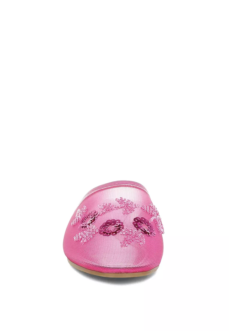 Mesh Sequin Beaded Mules In Fuchsia
