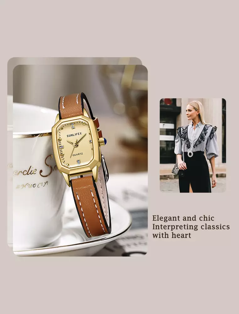 Jam Tangan Wanita Mode Tali Kulit Gaya retro Korea Berlian Jam Tangan Cewek brown white