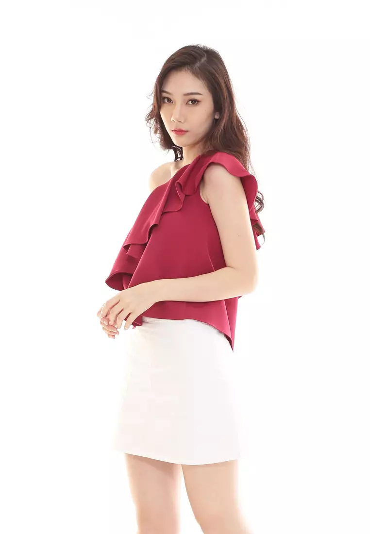 Ella Ruffle Sleeves Top in Maroon Pink